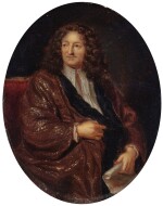 Portrait of a gentleman, seated, in a burgundy robe de chambre, holding a parchment scroll