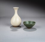 A 'Longquan' celadon ‘lotus’ bowl and a white-glazed vase, Southern Song - Ming Dynasty | 南宋至明 龍泉青釉蓮紋盌及白釉玉壺春瓶一組兩件