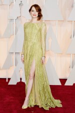 Full Length Haute Couture Gown with Thigh High Slit, Long Sleeves, Boat Neckline and a Burst of Sequins Cascading Down the Gown. In 'Apple' colour. Worn by Emma Stone at the 87th Academy Awards, 2015