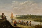 Fishermen hauling in a net watched by two gentlemen, milkmaids and peasants on a knoll, a yacht and other sailing boats in an estuary beyond