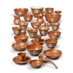 A group of coral-red-ground famille-rose 'imperial wedding' wares, Qing dynasty, Tongzhi period | 清同治 珊瑚紅地粉彩開光龍鳳呈祥紋瓷一組 《長春同慶》《燕喜同和》《光緒年製》《同治年製》款