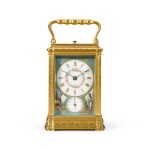 A gilt-brass engraved gorge repeating carriage clock with alarm, French, circa 1875