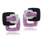 Pair of carbon fibre, white gold, pink titanium, diamond and pink sapphire earrings 
