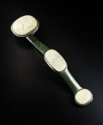 A white jade-inset spinach-green jade ruyi scepter, Qing dynasty, 19th century | 清十九世紀 碧玉鑲白玉雕太平有象紋如意