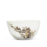 A GRISAILLE-DECORATED 'LANDSCAPE' CUP QING DYNASTY, 18TH CENTURY | 清十八世紀 墨彩泛舟山水圖臥足盃