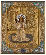 An icon of St Seraphim, in a silver-gilt and cloisonné enamel oklad, Ivan Tarabrov, Moscow, 1908-1917