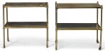 A PAIR OF LACQUERED-BRASS AND GREEN LEATHER INSET TWO-TIER ETAGERES, 20TH CENTURY, PROBABLY SUPPLIED BY MALLETT