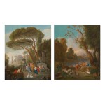 ATTRIBUTED TO JAN FRANS VAN BLOEMEN, CALLED L'ORIZZONTE | ITALIANATE LANDSCAPES WITH CLASSICAL FIGURES AND HERDERS BESIDE FOUNTAIN: A PAIR