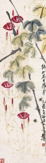 Qi Baishi, Bees by Morning Glories | 齊白石　牽牛蜜蜂　設色紙本　立軸　一九四五年作