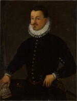 Portrait of a gentleman, resting his right hand on a gauntlet