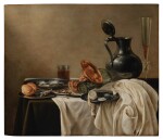 Still Life with a Gilt Tazza, a Pewter Jug and a Fluted Wine Glass, Together with a Lemon, a Bread Roll, Oysters and Tobacco on Plates, All on a Wooden Table Draped with Dark Green and White Cloths