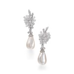 Important pair of natural pearl and diamond pendent earrings | 天然珍珠配鑽石耳墜一對