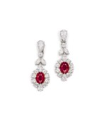 Pair of Ruby and Diamond Pendent Earrings | 5.24 及 5.05克拉 天然「緬甸鴿血紅」紅寶石 配 鑽石 耳墜一對