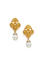 PAIR OF GOLD, CULTURED PEARL AND DIAMOND PENDANT-EARCLIPS, VAN CLEEF & ARPELS