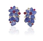 Pair of sapphire, ruby and diamond ear clips, Michele della Valle