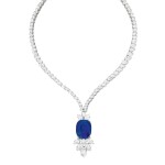 AN ELEGANT SAPPHIRE AND DIAMOND NECKLACE, HARRY WINSTON | 藍寶石配鑽石項鏈一條，海瑞溫斯頓