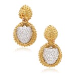 Pair of gold and diamond pendent ear clips