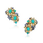 Pair of Turquoise, Sapphire and Diamond Earclips, France