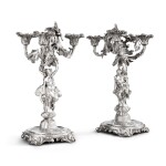 A pair of George II silver figural three-light candelabra, George Wickes, London, 1744