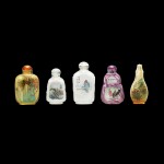 Five inscribed inside-painted glass snuff bottles, Modern | 現代 玻璃內畫題字鼻煙壺一組五件