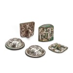 A group of five silver-inlaid bronze fittings, Eastern Zhou dynasty, Warring States period 東周戰國 銅錯銀飾件一組五件