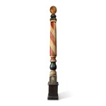 VERY FINE AND LARGE AMERICAN TURNED AND POLYCHROME PAINT-DECORATED PINE BARBER POLE, AMERICAN, CIRCA 1880