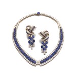 Sapphire and diamond necklace and a pair of ear clips