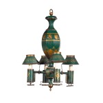 A French green painted tole four-light chandelier, 19th century