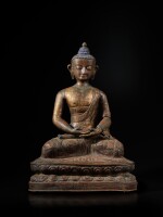A large inscribed copper-repoussé figure of Amitabha Buddha, Tibet or Nepal, circa 17th century