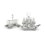 A GEORGE III SILVER CRUET AND GEORGE IV SILVER TOAST RACK, WILLIAM BURWASH & RICHARD SIBLEY AND BENJAMIN SMITH, LONDON, 1808 AND 1829