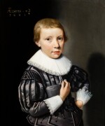 Portrait of a boy, aged 7 3/4 , half-length, wearing a grey-black satin costume with lace collar and cuffs