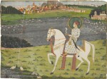 A prince riding in a landscape with an army in the distance, India, Rajasthan, Jaipur, circa 1750