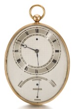 A LARGE, FINE AND HIGHLY UNUSUAL GOLD AND SILVER OVAL CALENDAR WATCH WITH THERMOMETER DELIVERED TO COMTE PANIN AS A SIMULATED WATCH WITH SECRET PORTRAIT MINIATURE ON 26 FEBRUARY 1822, LATER COMPLETED AS A WATCH WITH THERMOMETER ON 15 JANUARY 1884 WITH SOUSCRIPTION MOVEMENT AT THE REQUEST OF THE PRINCE SCHERBATOFF FOR THE SUM OF 500 FRANCS, LATER THE PROPERTY OF THE PIANIST ARTHUR RUBINSTEIN 1822 - 1884, NO. 1682/4761 [ 寶璣大型金銀橢圓形日曆懷錶備溫度計，原為定製仿懷錶，內藏迷你畫像，1884年裝入Souscription定製機芯及溫度計，編號1682/4761]
