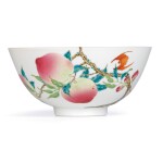 AN EXTREMELY FINE AND RARE FAMILLE-ROSE 'PEACH' BOWL MARK AND PERIOD OF YONGZHENG | 清雍正 粉彩過枝福壽雙全盌 《大清雍正年製》款