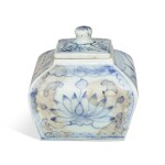 A blue and white 'peach and lotus' quadrangular jar and cover, Joseon dynasty, 19th century