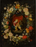 Madonna and Child with St. Anne and St. John the Baptist, surrounded by a flower garland