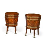 A pair of George III octagonal brass-bound mahogany wine coolers, circa 1780, in the manner of Mayhew and Ince