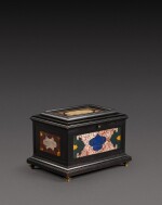 An Italian pietra paesina and hardstones inlaid ebonised casket, the panel in the lid, Florence, 18th century, the other panels, Rome and 17th century; the casket late 19th century/early 20th century