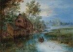 Landscape with a rowing boat beside riverside cottages 《風景：河面小舟與河邊小屋》