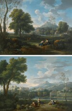JAN FRANS VAN BLOEMEN, CALLED ORIZZONTE | An Italianate landscape with two women conversing with a shepherd, a castle beyond; and An Italianate landscape with women conversing on a path by a brook, a lake and mountain beyond