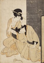 ATTRIBUTED TO KITAGAWA UTAMARO I, (1750S–1806), EDO PERIOD, LATE 18TH CENTURY | A COURTESAN SUPPORTING A SORROWFUL YOUNG MAN IN FRONT OF A SCREEN 