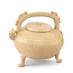 A celadon-glazed handled tripod jar and cover, Han dynasty 漢 青釉戳印三足提梁蓋壺