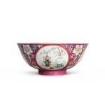A fine ruby-ground sgraffiato ‘hundred antiques’ bowl, Seal mark and period of Daoguang | 清道光 胭脂紅地軋道粉彩開光博古圖盌 《大清道光年製》款