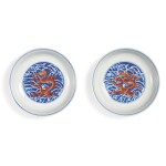 A PAIR OF FINE IRON-RED AND UNDERGLAZE-BLUE 'DRAGON' DISHES,  QIANLONG SEAL MARKS AND PERIOD