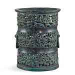 A rare archaic bronze 'dragons and mythical birds' gaming bottle Spring and Autumn period | 春秋 青銅龍鳯紋雙活環耳投壺