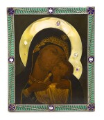 A gem-set silver-gilt and cloisonné enamel icon of Our Lady of Kazan, mark of Dmitry Orlov, the halo mark of Kuzma Konov, Moscow, 1908-1917
