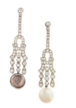 Pair of Natural Pearl and Diamond Earrings