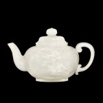 A large white jade 'Three Friends of Winter' teapot and cover, Qing dynasty, Qianlong period | 清乾隆 白玉歲寒三友夔柄蓋壺