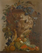 JACOBUS VONCK |  STILL LIFE OF MELONS, GRAPES, PEACHES AND OTHER FRUITS IN A STONE URN DECORATED WITH PUTTI, WITH A HOOPOE AND OTHER BIRDS