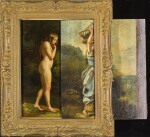 FRENCH SCHOOL, 19TH CENTURY | FROM MARKET TO MARSH: A SLIDING PICTURE DEPICTING A CLOTHED AND NUDE FEMALE FIGURE IN A LANDSCAPE